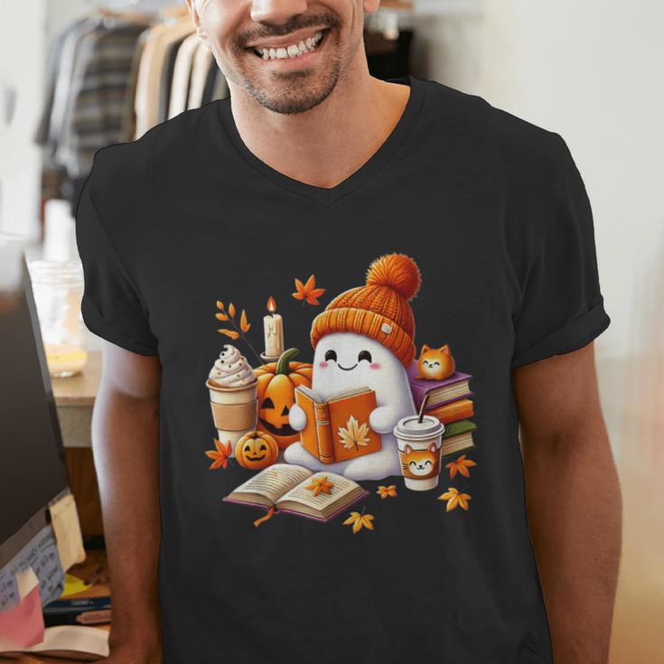 Cute Ghost Reading Book Lovers Halloween Pumpkin Women Girls Men's V-Neck T-Shirt