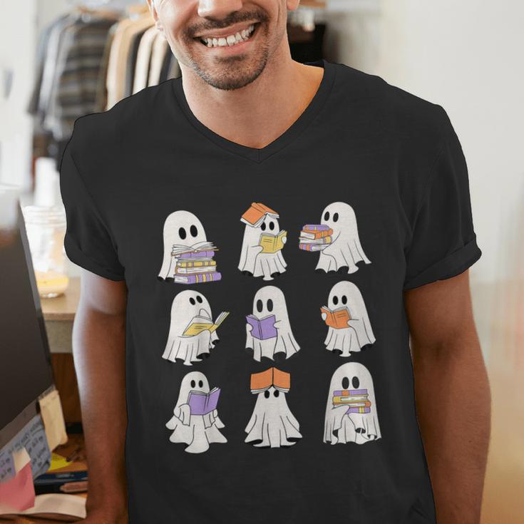 Cute Ghost Reading Books Teacher Halloween Reading Men Women Kids Men's V-Neck T-Shirt