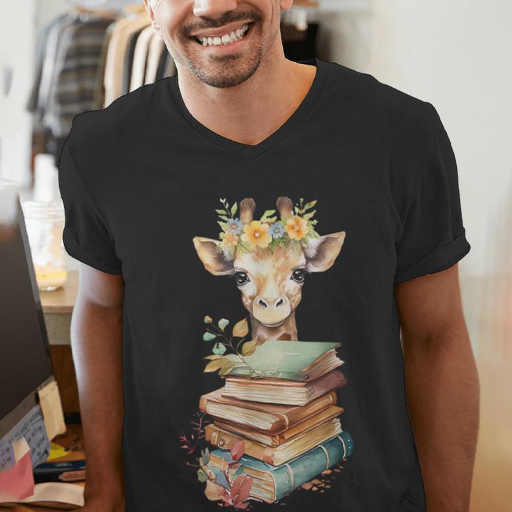 Cute Giraffe With Book Floral Bookworm Librarian Book Lover Men's V-Neck T-Shirt Cute Giraffe With Book Floral Bookworm Librarian Book Lover Men's V-Neck T-Shirt