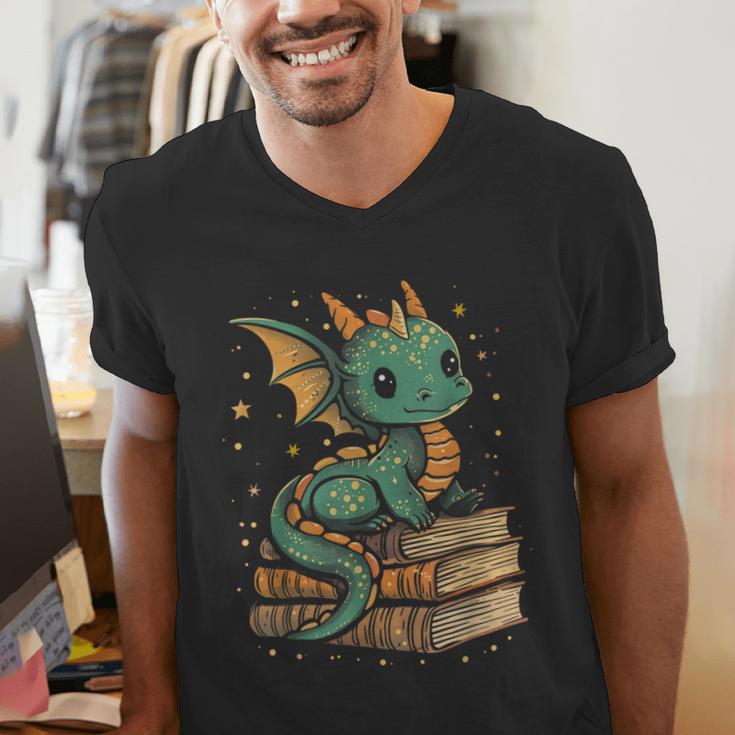 Cute Kawaii Dragon Fantasy Book Lover Book Nerd Men's V-Neck T-Shirt