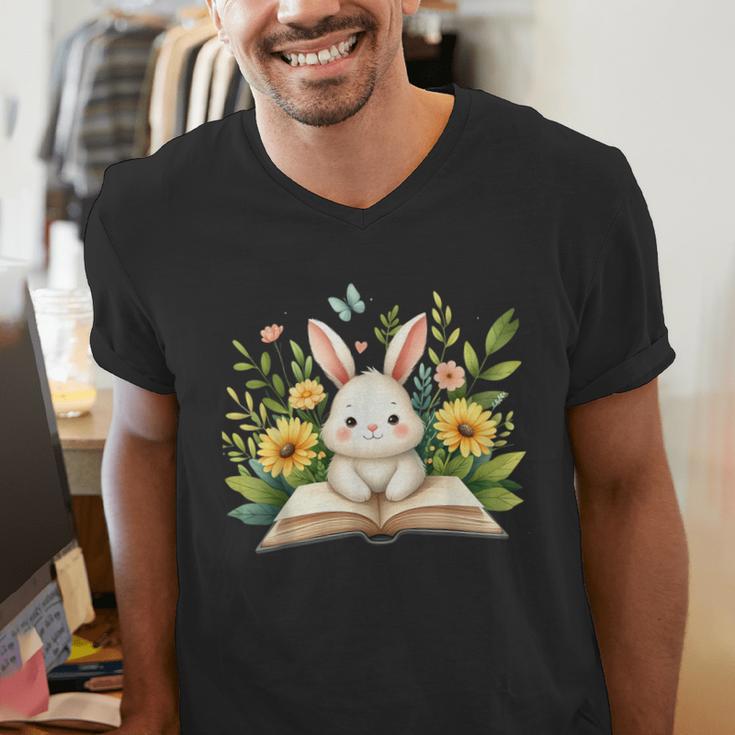 Cute Rabbit And Book Women Girls Reading Book Rabbit Lover Men's V-Neck T-Shirt Cute Rabbit And Book Women Girls Reading Book Rabbit Lover Men's V-Neck T-Shirt