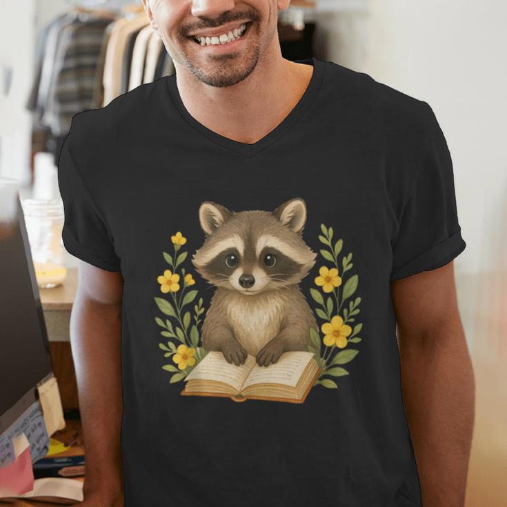 Cute Raccoon Reading Book Flowers Floral Men's V-Neck T-Shirt