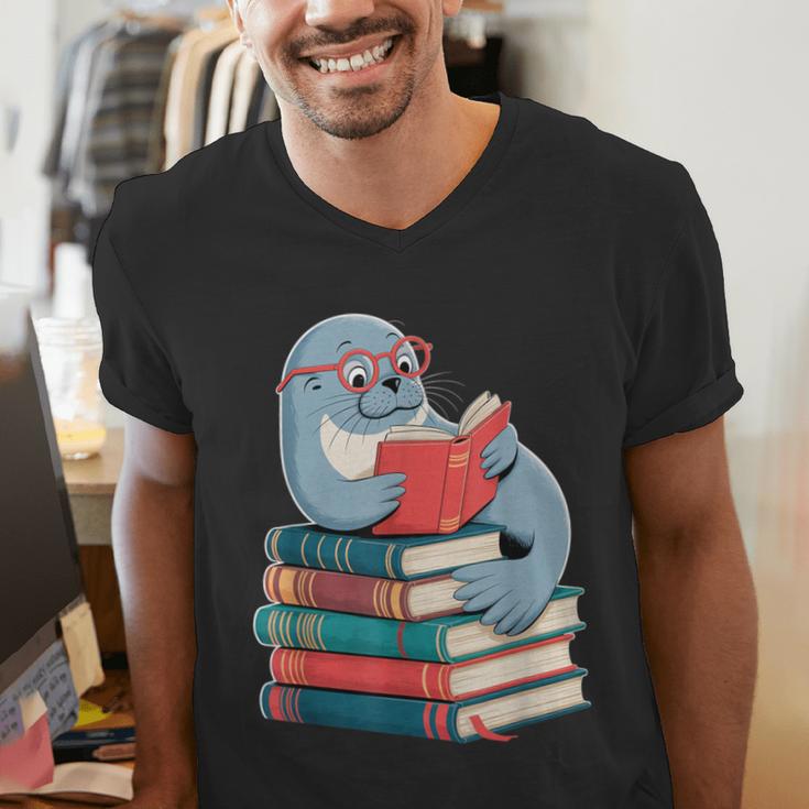Cute Reading Seal On Books Book Lover Men's V-Neck T-Shirt Cute Reading Seal On Books Book Lover Men's V-Neck T-Shirt