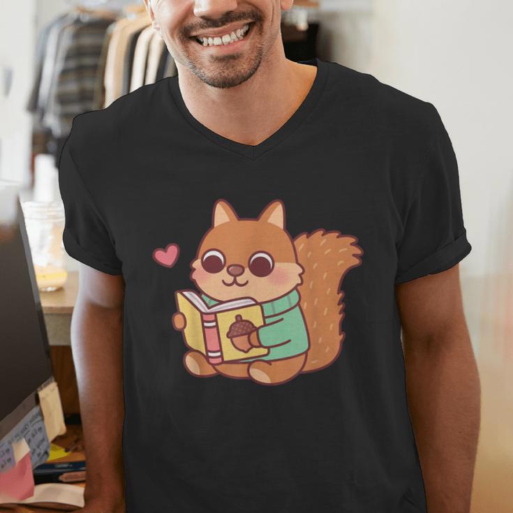 Cute Squirrel Reading A Book Lovers Anime Kawaii Women Kids Men's V-Neck T-Shirt
