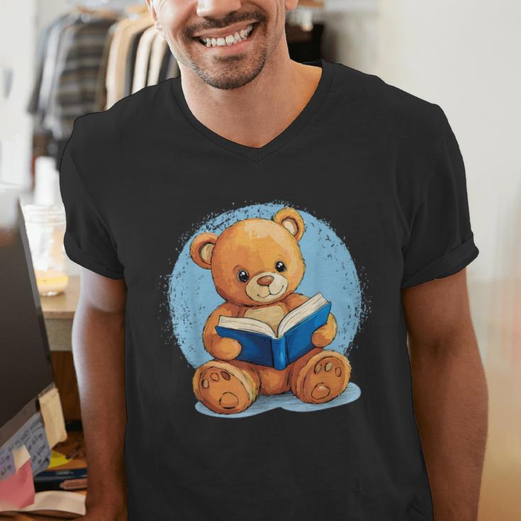 Cute Teddy Bear Reading Book Fun Men's V-Neck T-Shirt