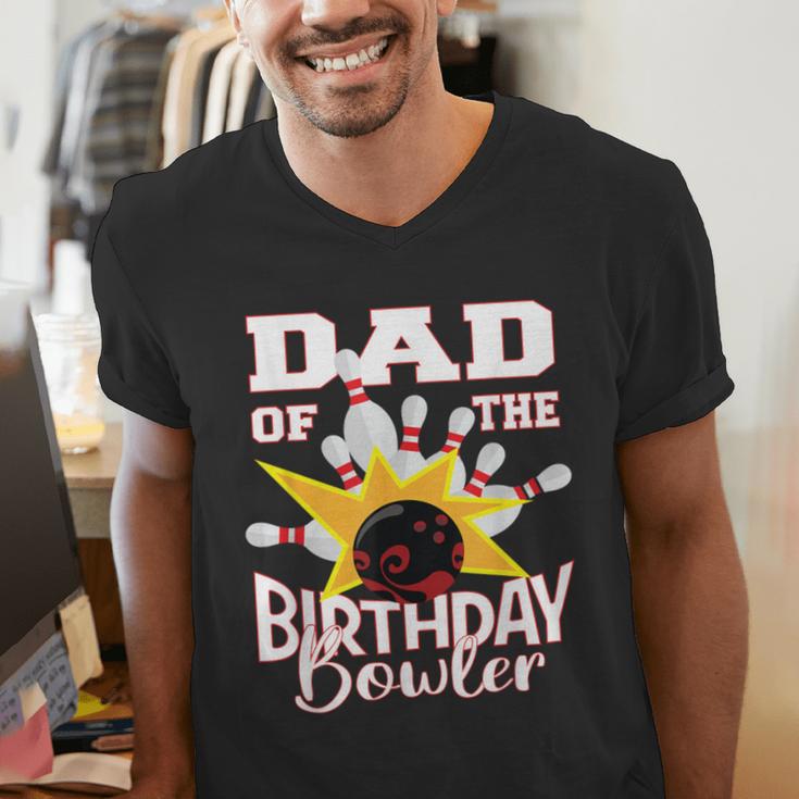 Dad Of The Birthday Bowler Kid Bowling Party Men's V-Neck T-Shirt Dad Of The Birthday Bowler Kid Bowling Party Men's V-Neck T-Shirt