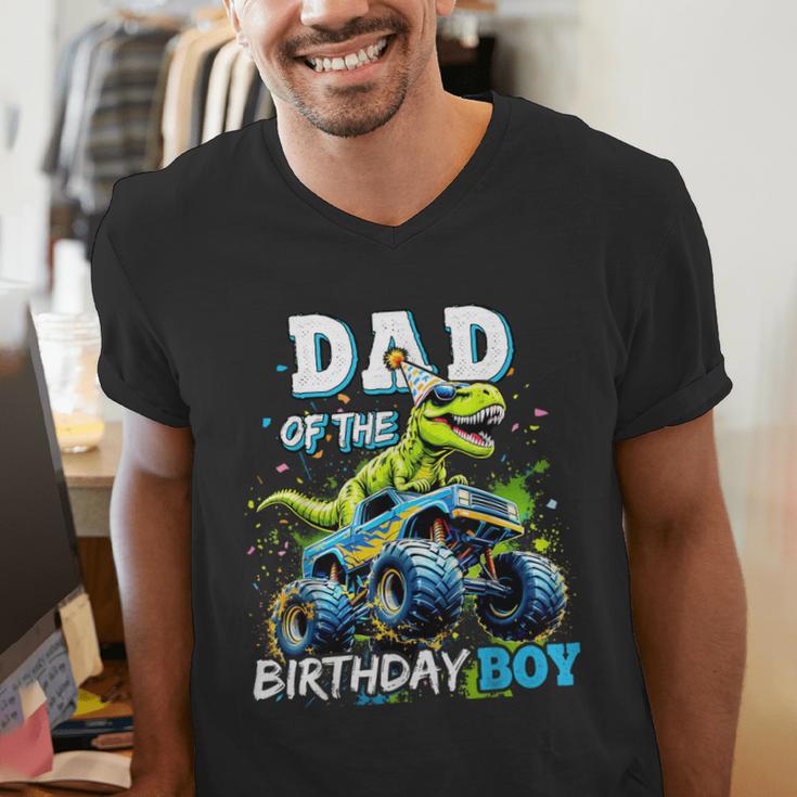 Dad Of The Birthday Boy Monster Truck Dinosaur PartyRex Men's V-Neck T-Shirt
