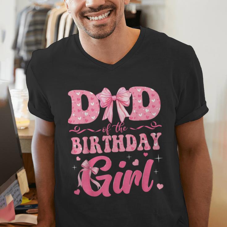 Dad Of The Birthday Girl Family Pink Coquette Bow Men's V-Neck T-Shirt