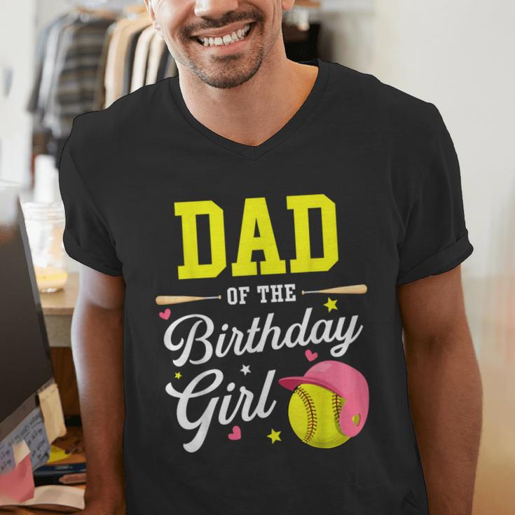 Dad Of The Birthday Girl Softball Player Theme B-Day Daddy Men's V-Neck T-Shirt