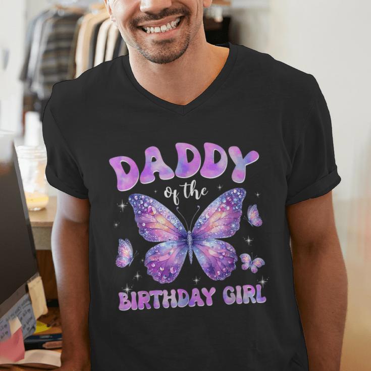Dad Of The Birthday Girl Tie Dye Butterfly Birthday Family Men's V-Neck T-Shirt