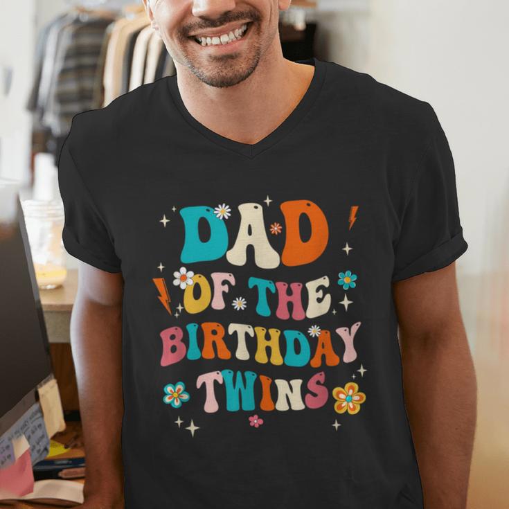 Dad Of The Birthday Twins Boys Girls Party Retro Bday Men's V-Neck T-Shirt