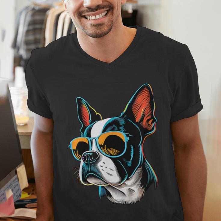 Dad Mom Cool Dog Sunglasses Boston Terrier Men's V-Neck T-Shirt Dad Mom Cool Dog Sunglasses Boston Terrier Men's V-Neck T-Shirt