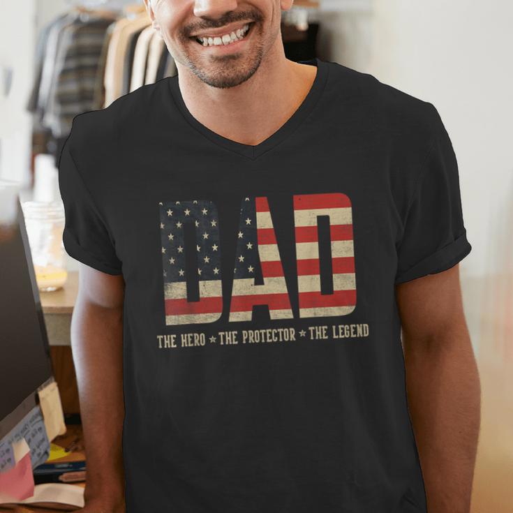 Dad Protector Hero Legend USA Flag Dad Father's Day Men's V-Neck T-Shirt Dad Protector Hero Legend USA Flag Dad Father's Day Men's V-Neck T-Shirt