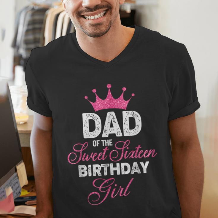 Dad Of The Sweet Sixteen Birthday Girl 16th Pink Crown Men's V-Neck T-Shirt