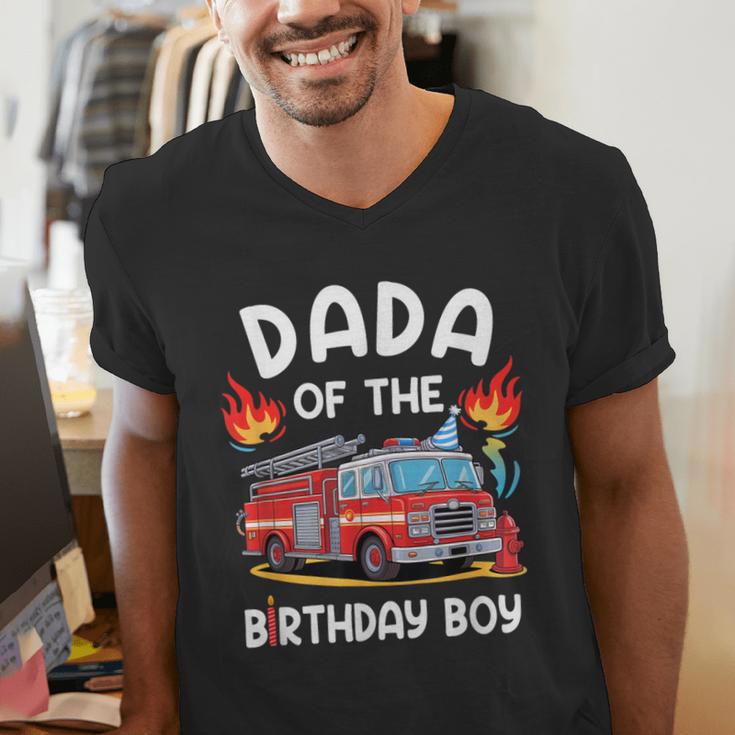Dada Of The Birthday Boy Fire Truck Firefighter 1St Party Men's V-Neck T-Shirt