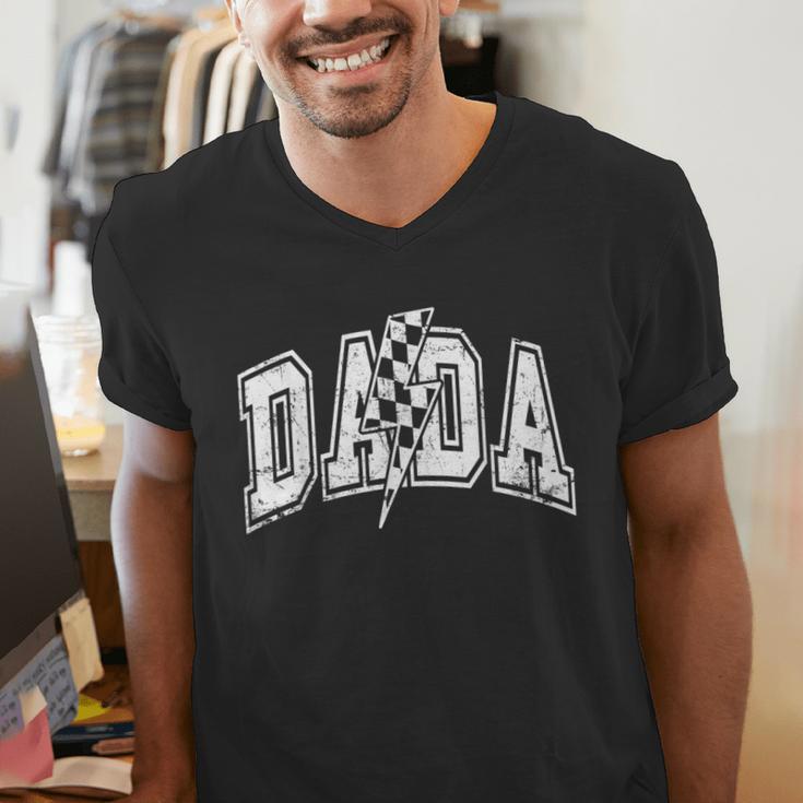 Dada Lightning Bolt Checkered Varsity Dad Men Father's Day Men's V-Neck T-Shirt