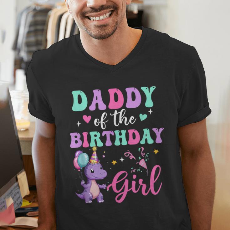 Daddy Of The Birthday For Girl Dinosaur T-Rex Party Family Men's V-Neck T-Shirt