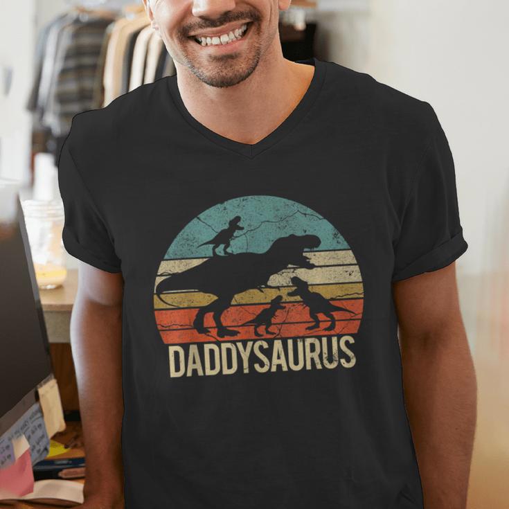 Daddy Dinosaur Daddysaurus 3 Three Kids Xmas Men's V-Neck T-Shirt