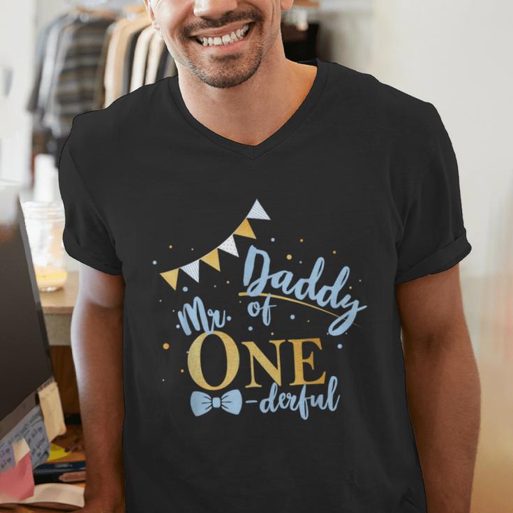 Daddy Of Mr One-Derful Party Blue-Gold Dad Boy 1st Birthday Men's V-Neck T-Shirt