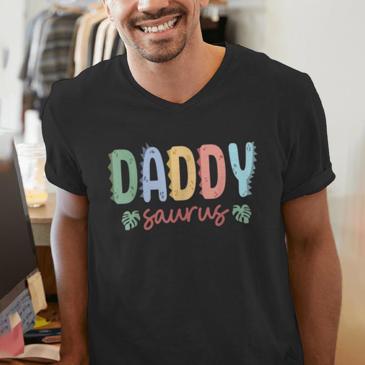 Daddy Saurus Dad Dinosaur Three Rex Birthday Boy Girl Family Men's V-Neck T-Shirt