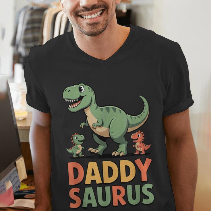 Daddy Saurus Dinosaur Dad Of Two Kids Dino Family Men's V-Neck T-Shirt Daddy Saurus Dinosaur Dad Of Two Kids Dino Family Men's V-Neck T-Shirt