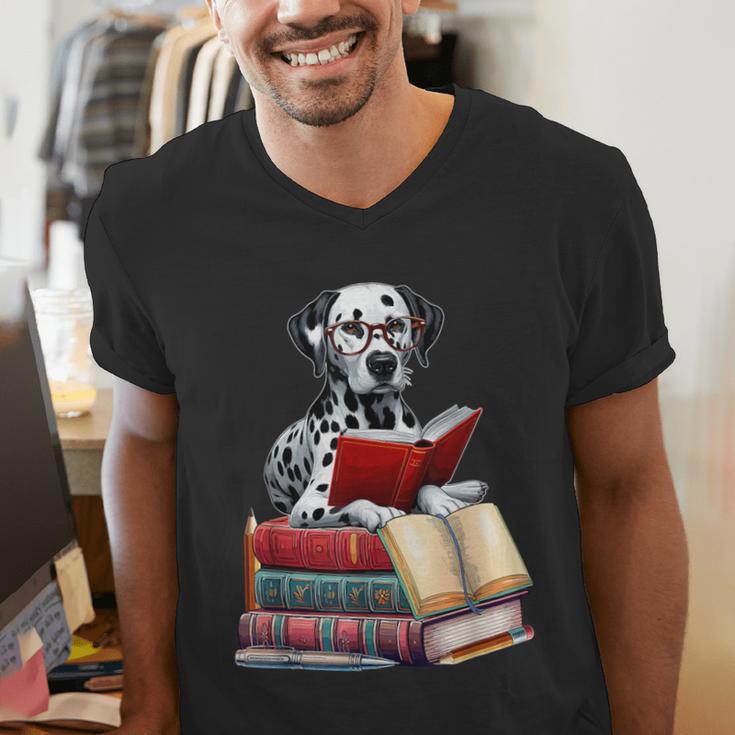 Dalmatian Reading Books Matching Bookworm Readers Librarian Men's V-Neck T-Shirt Dalmatian Reading Books Matching Bookworm Readers Librarian Men's V-Neck T-Shirt