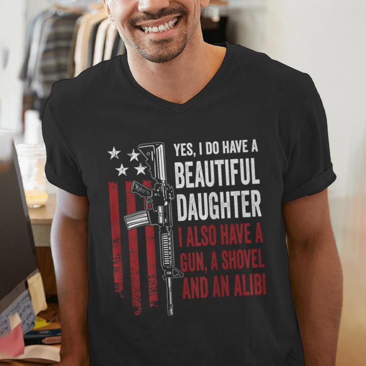 Daughter Gun Shovel Alibi Mom Dad Guns Joke -ON Back Men's V-Neck T-Shirt