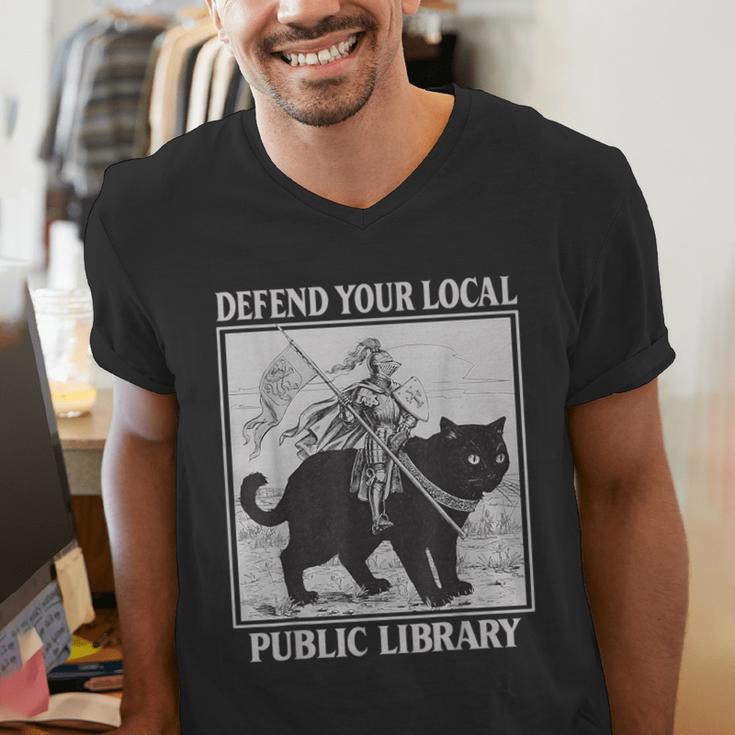 Defend Your Local Library Knight Cat Rider Book Lover Men's V-Neck T-Shirt