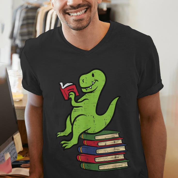 Dino Reading Read Reading Librarian Book Men Boys Kids Men's V-Neck T-Shirt
