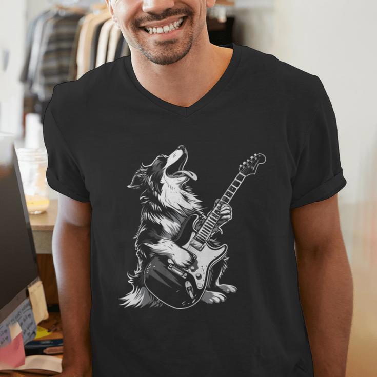 Dog Guitarist Guitar Australian Shepherd Dad Mom Men's V-Neck T-Shirt