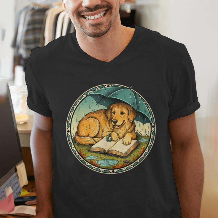 Dog Reading Book Rain Cozy Umbrella Cute Art Men Men's V-Neck T-Shirt