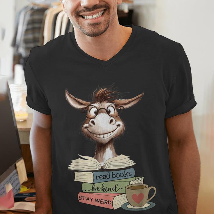 Donkey Reading Book Read Books Be Kind Stay Weird Librarian Men's V-Neck T-Shirt