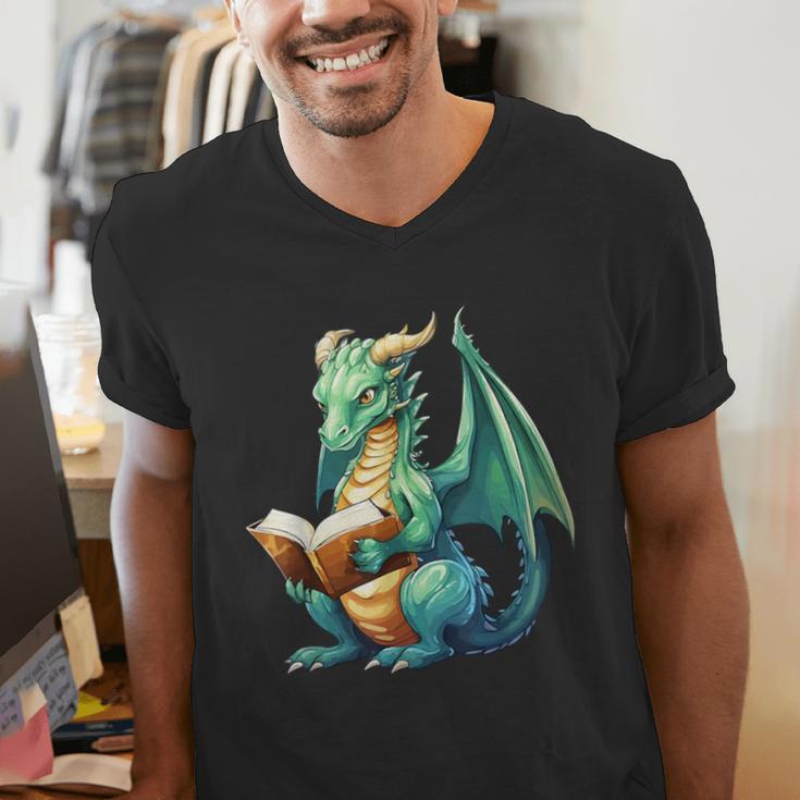 Dragon With Book Men's V-Neck T-Shirt