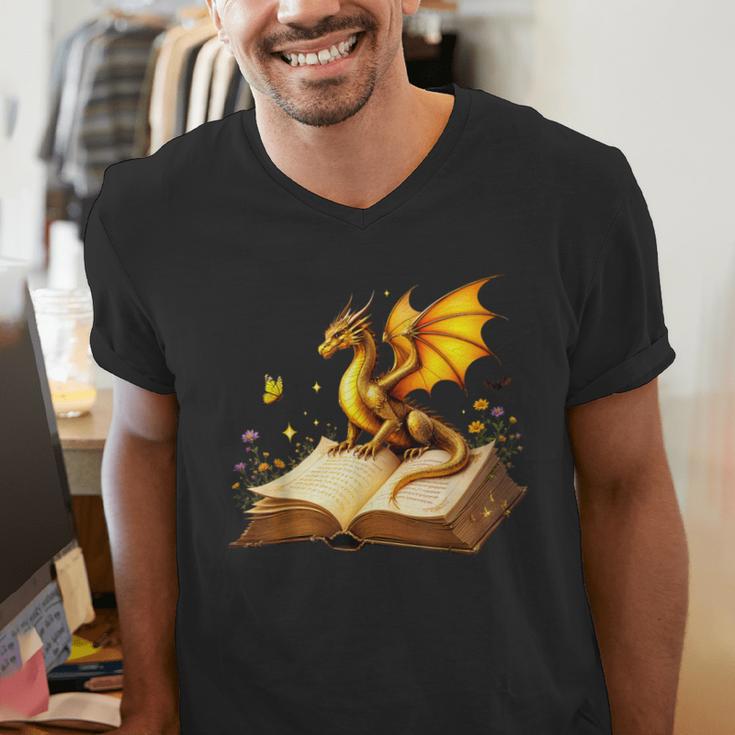 Dragon Fantasy Book Lover Bookish Reader Bookworm Wildflower Men's V-Neck T-Shirt Dragon Fantasy Book Lover Bookish Reader Bookworm Wildflower Men's V-Neck T-Shirt