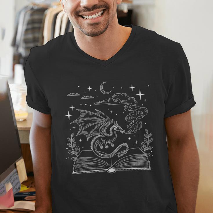 Dragon Flying Out Of Book Lover Bookworm Fantasy Novels Men's V-Neck T-Shirt