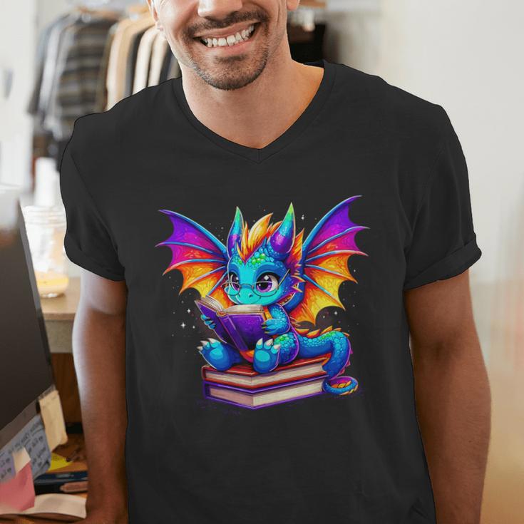 Dragon Reading a Book Bookworm Book Men's V-Neck T-Shirt