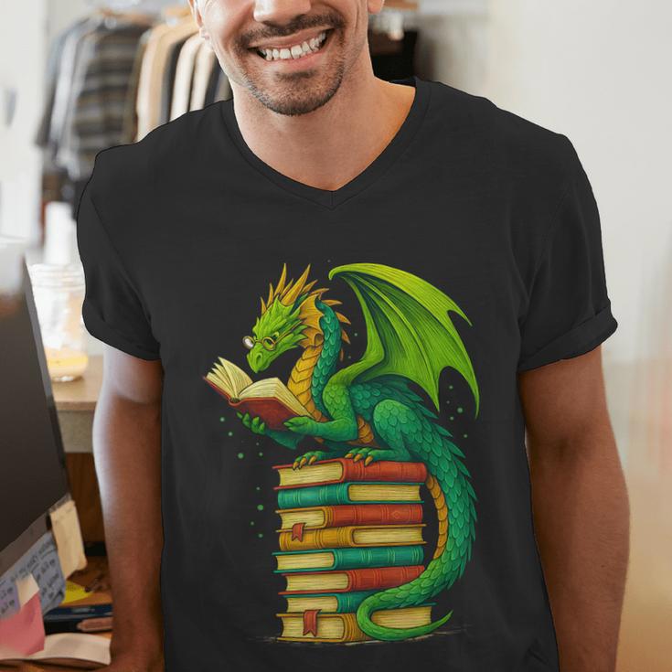 Dragon Reading Books Matching Bookworm Readers Librarian Men's V-Neck T-Shirt