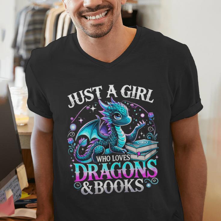 Dragon Reading Just A Girl Who Loves Dragons And Books Men's V-Neck T-Shirt Dragon Reading Just A Girl Who Loves Dragons And Books Men's V-Neck T-Shirt