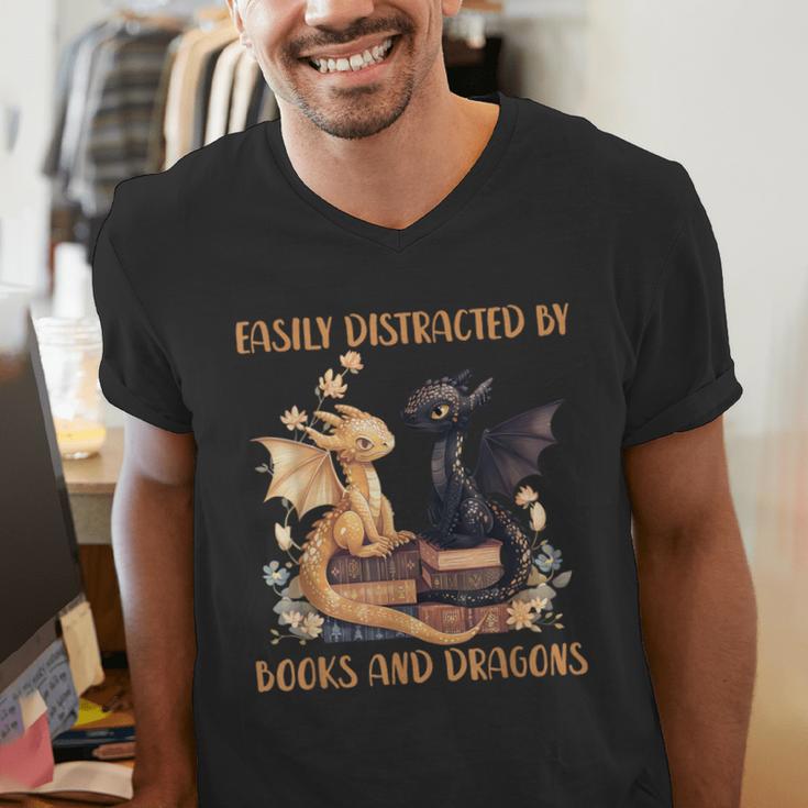 Easily Distracted By Books & Dragons Librarian Book Lover Men's V-Neck T-Shirt