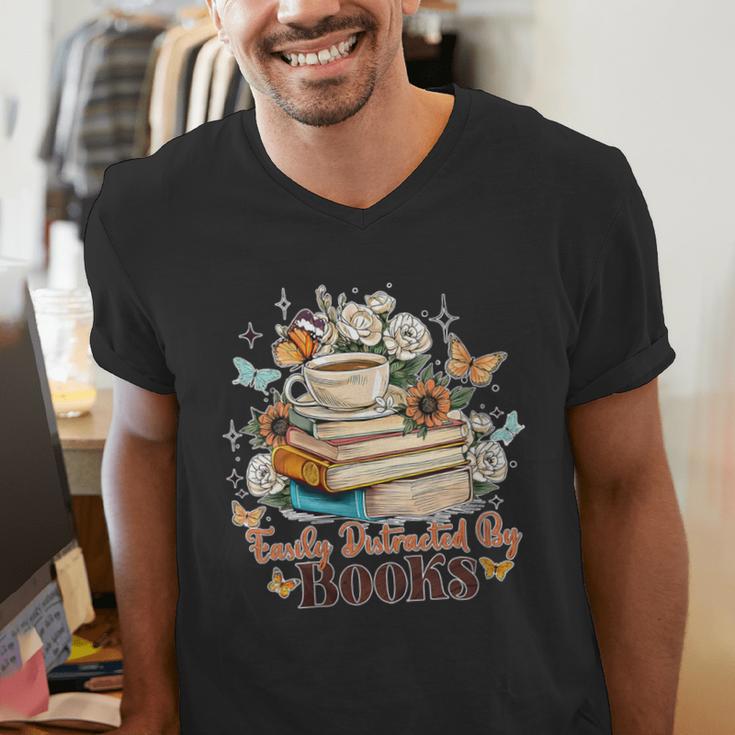 Easily Distracted By Books Book Wildflowers Book Lovers Men's V-Neck T-Shirt