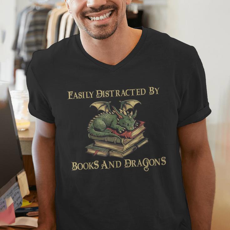 Easily Distracted By Books And Dragons Graphic Men's V-Neck T-Shirt Easily Distracted By Books And Dragons Graphic Men's V-Neck T-Shirt