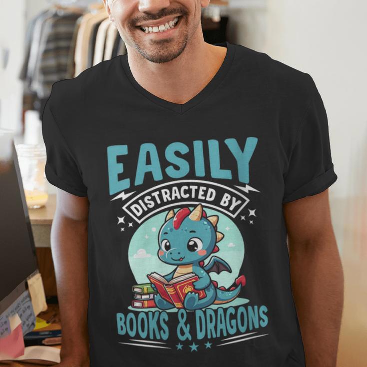 Easily Distracted By Books And Dragons Nerds Men's V-Neck T-Shirt