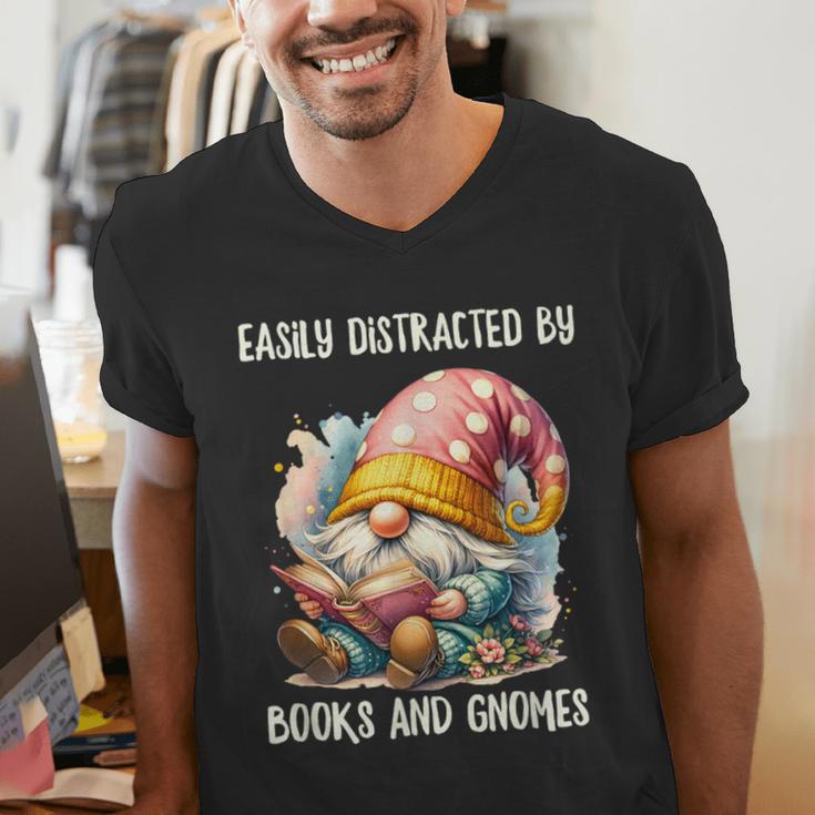 Easily Distracted By Books And Gnomes Book Reading Gnome Men's V-Neck T-Shirt