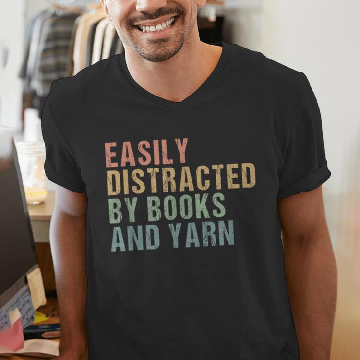 Easily Distracted By Books And Yarn Knitting & Crocheting Men's V-Neck T-Shirt