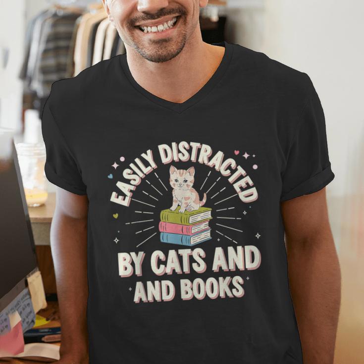 Easily Distracted By Cats & Books Tee Reader Book Worm Men's V-Neck T-Shirt Easily Distracted By Cats & Books Tee Reader Book Worm Men's V-Neck T-Shirt