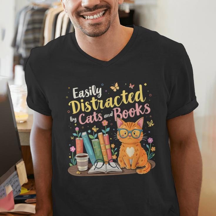 Easily Distracted By Cats And Books Book & Cat Lover Men's V-Neck T-Shirt
