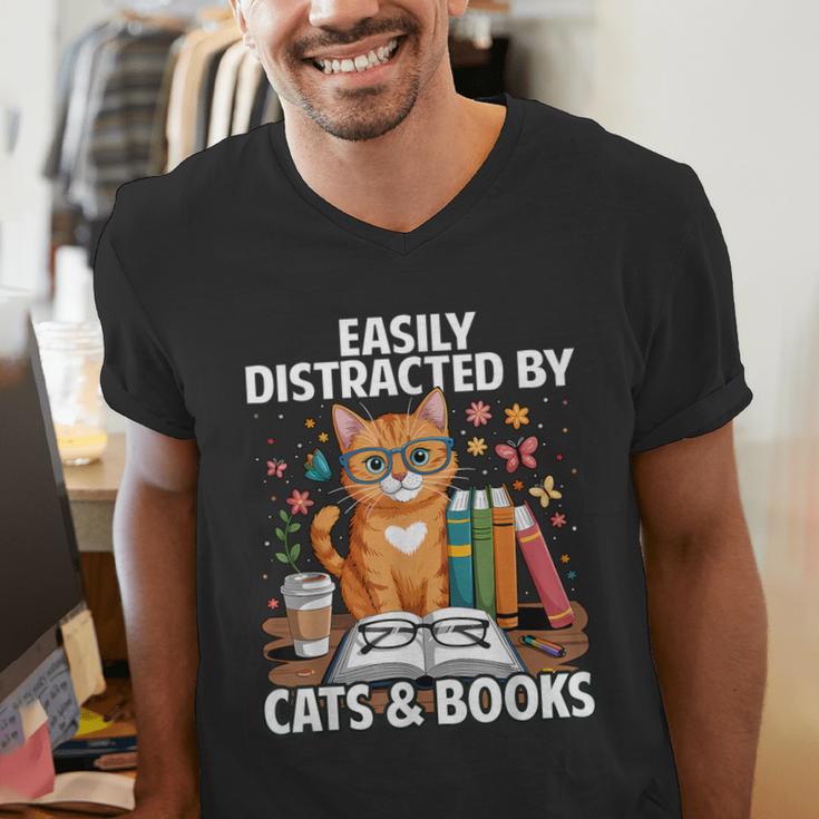 Easily Distracted By Cats And Books Book Lover Cat Men's V-Neck T-Shirt
