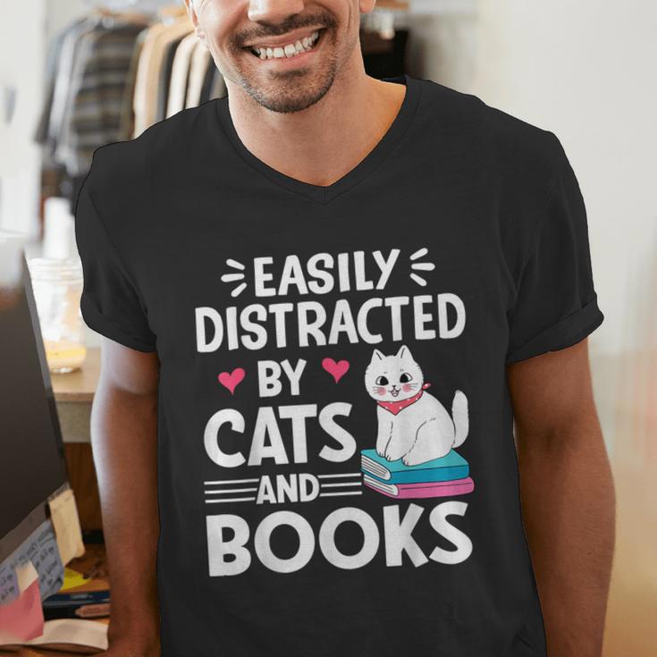 Easily Distracted By Cats And Books Cute Cat And Book Lovers Men's V-Neck T-Shirt