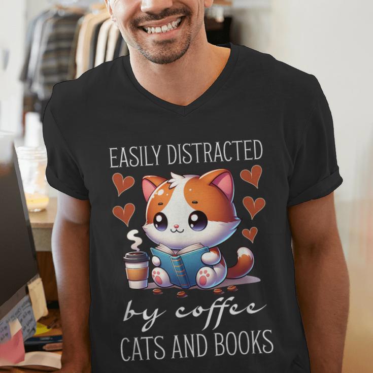 Easily Distracted By Coffee Cats And Books Men's V-Neck T-Shirt