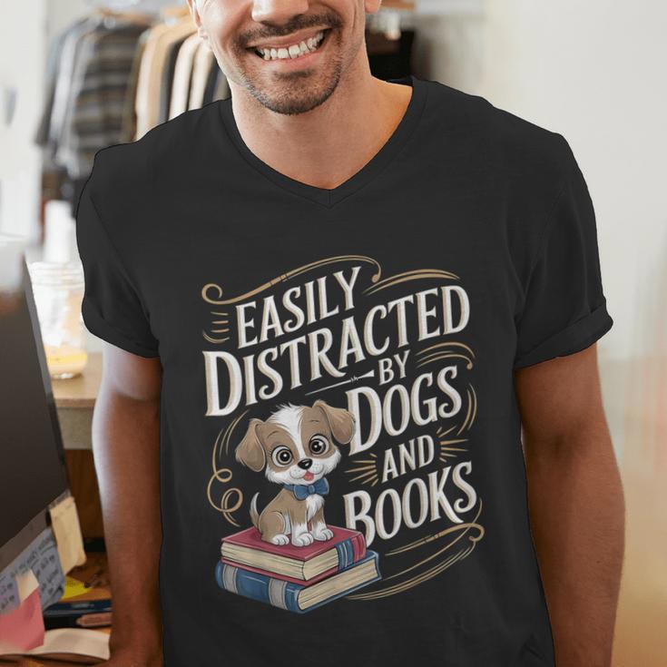 Easily Distracted By Dogs And Books Reader Animal Dog Men's V-Neck T-Shirt